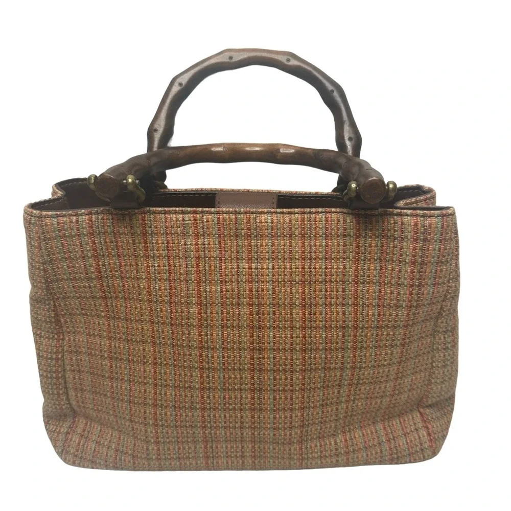 Fossil Purse Bamboo Handle Woven Fabric 3 pocket Handbag 11‎ x 4 x 8